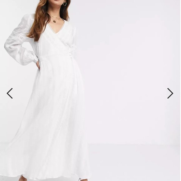 New 6 S ASOS DESIGN Lace Insert Wrap Maxi Dress 100% Cotton White Maxi Romantic - Picture 2 of 16